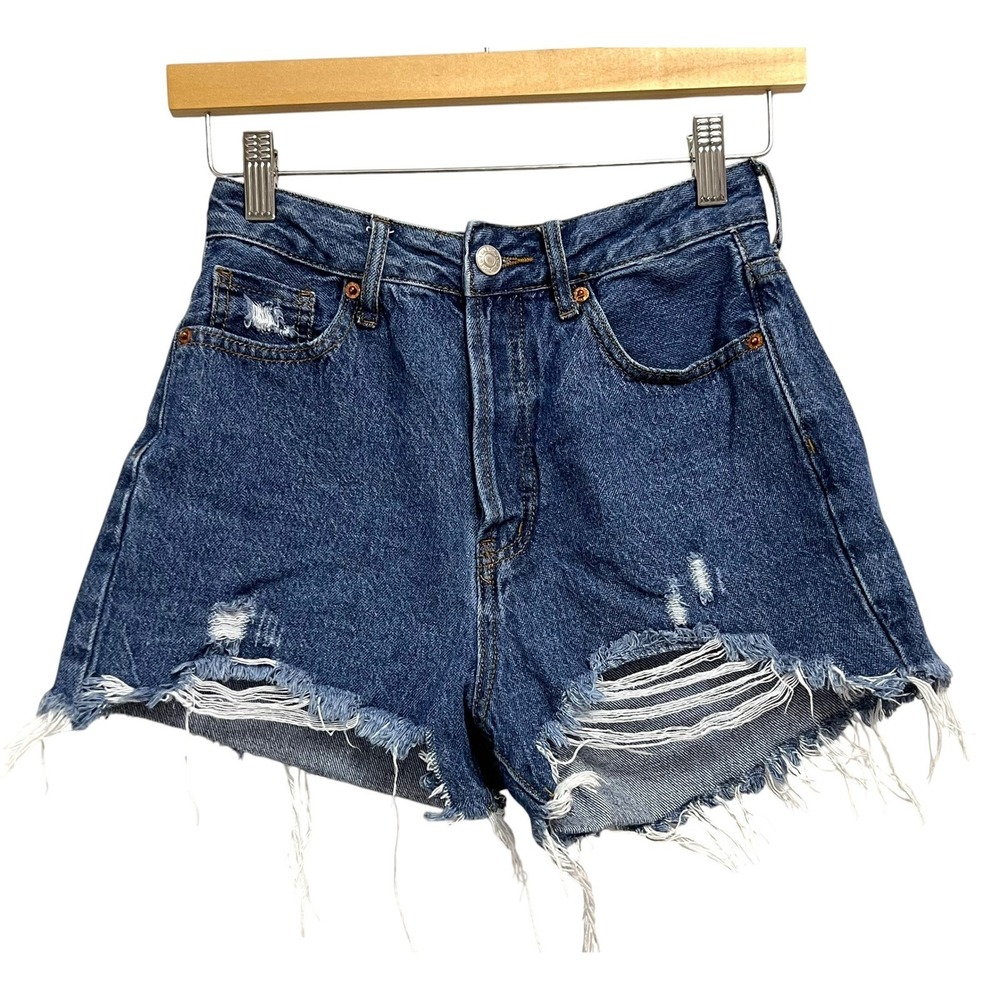S.O.N.G. Mom Shorts Women 1/25 Blue Distressed High Waisted Button Fly Summer